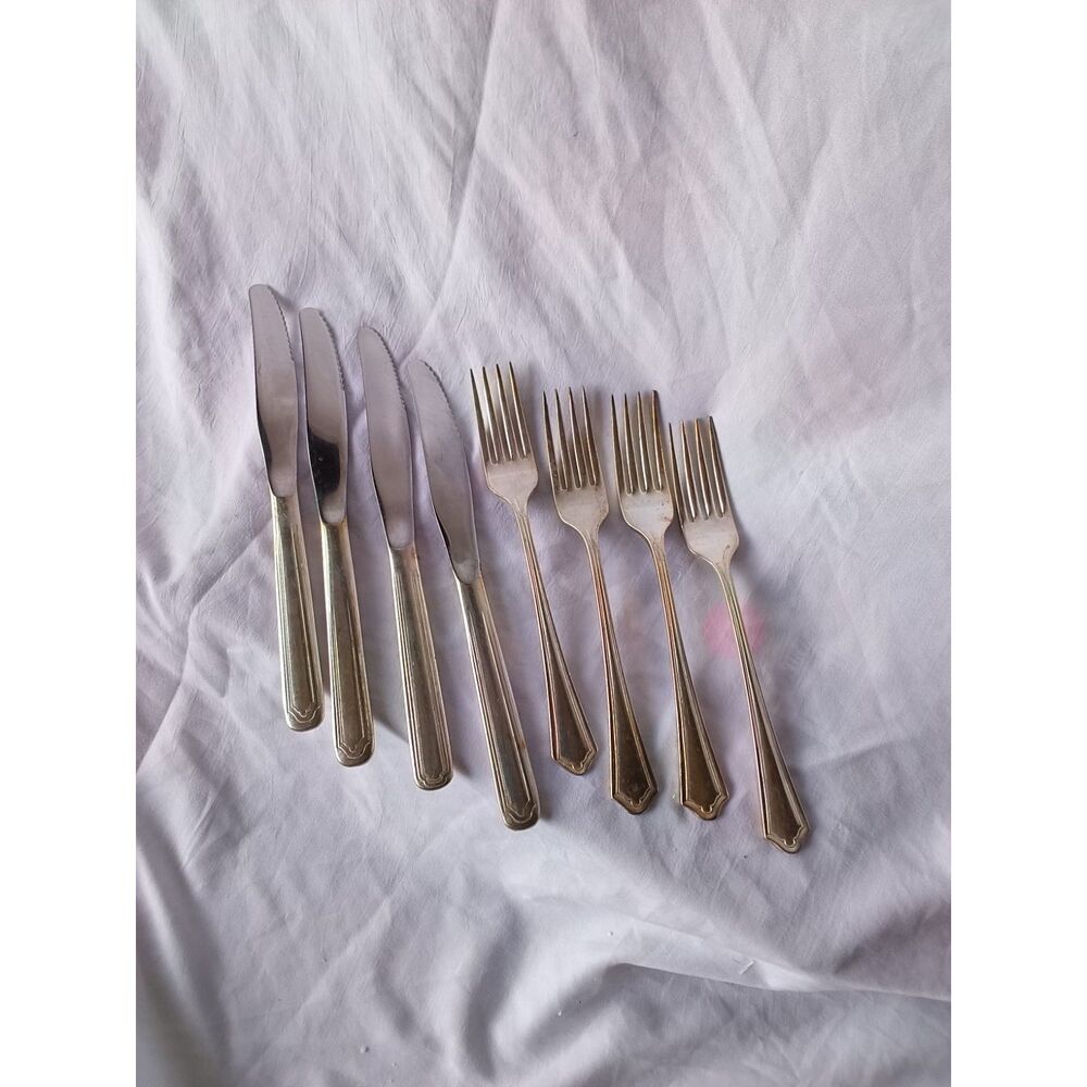 Vintage Silver Plated Hotel Plate Oneida Set of 4 Dinner Forks & 4 Knives